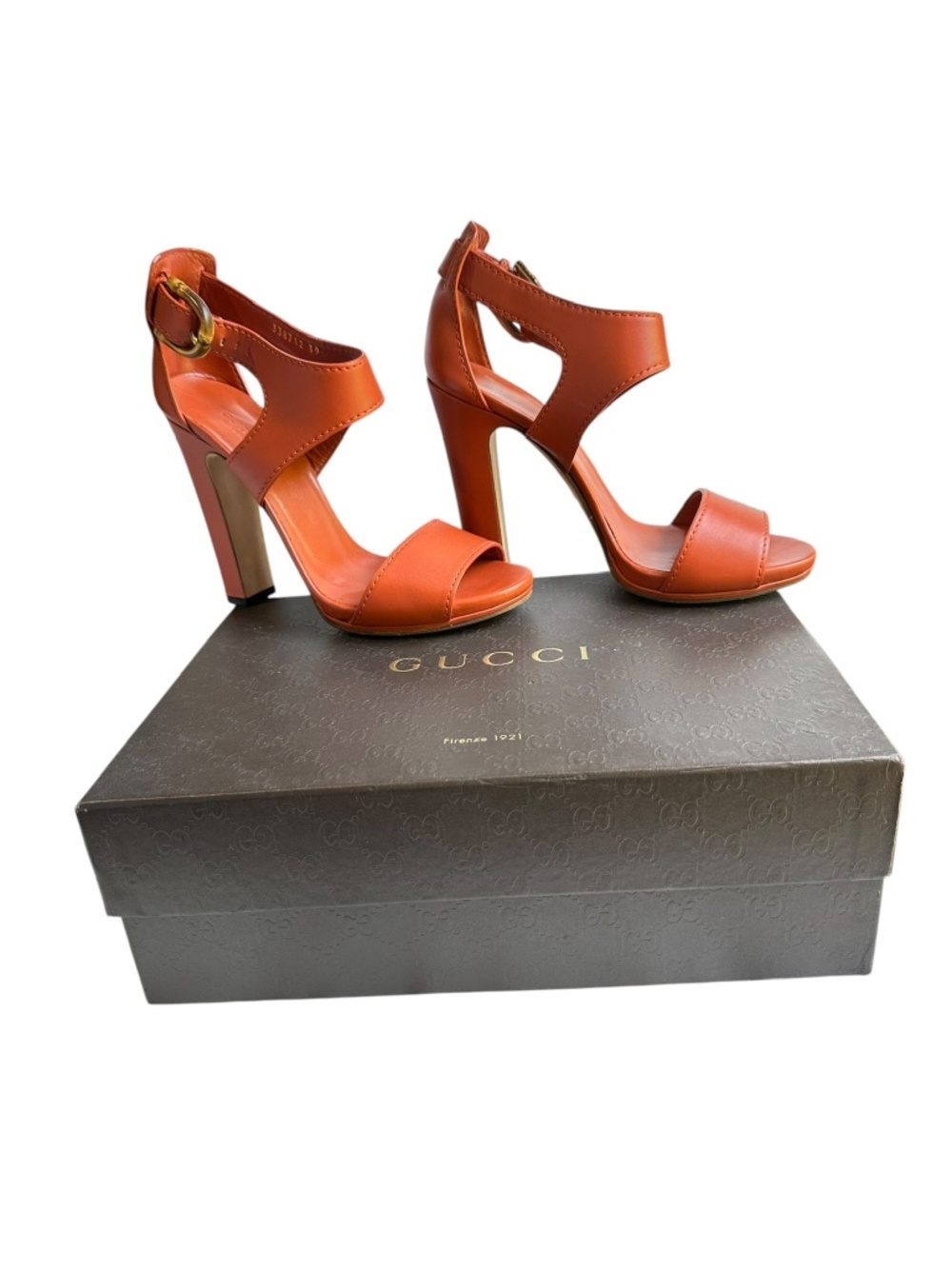 Genuine GUCCI Lifford Rust Leather Sandals High Heel Ankle Strap Size 39